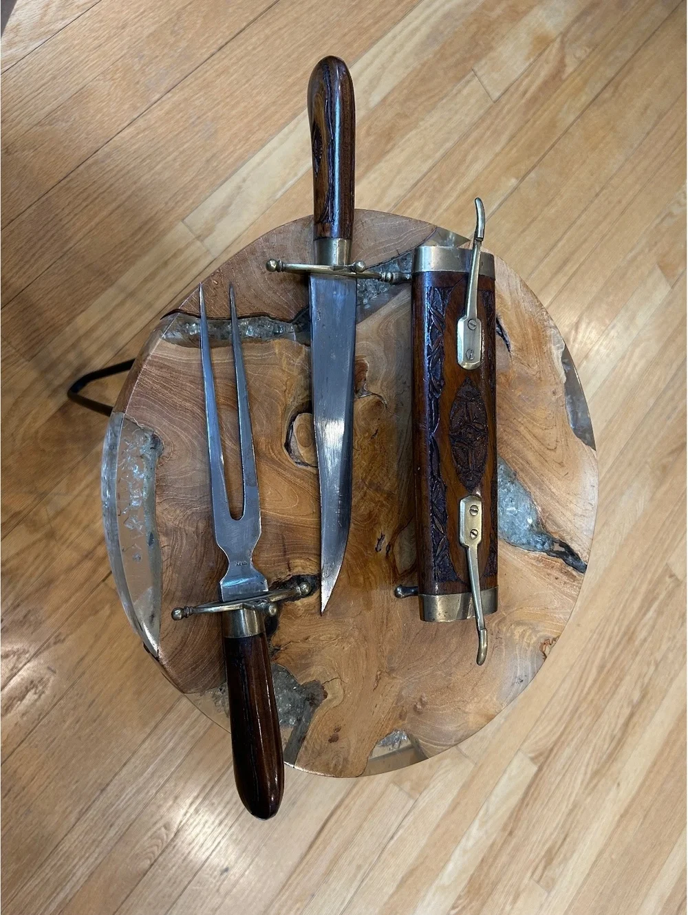 Old Meat Carving Set w/ Brass and Wood Carved Handles and Knife and Fork Stand